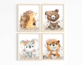 Décoration de chambre d'enfant bébé animaux, animaux de la forêt, décoration de chambre de fille, fleurs sauvages et imprimés animaliers, koala, ours, hérisson, téléchargement numérique