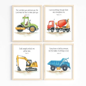 Kids Bible verse wall art, Construction nursery prints, Truck print set, Scripture prints for kids, Boy room decor, Sunday school, Printable