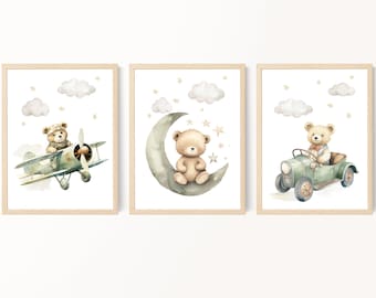 Bear nursery decor, Boy wall art, Green nursery decor, Racecar nursery, Teddy bear wall art, Plane, Bear on moon, Unframed Prints or Canvas