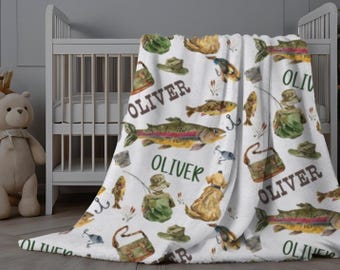Personalized Baby Blanket, Custom Name Blanket, Baby Boy Fishing Blanket with Name, Fishing Baby Minky, Personalized Toddler Boy Blanket