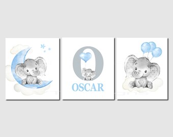 Elephant nursery art, Name print, Boy nursery art, Blue gray boy room decor, Personalized, Elephant baby room art, Unframed Prints or Canvas