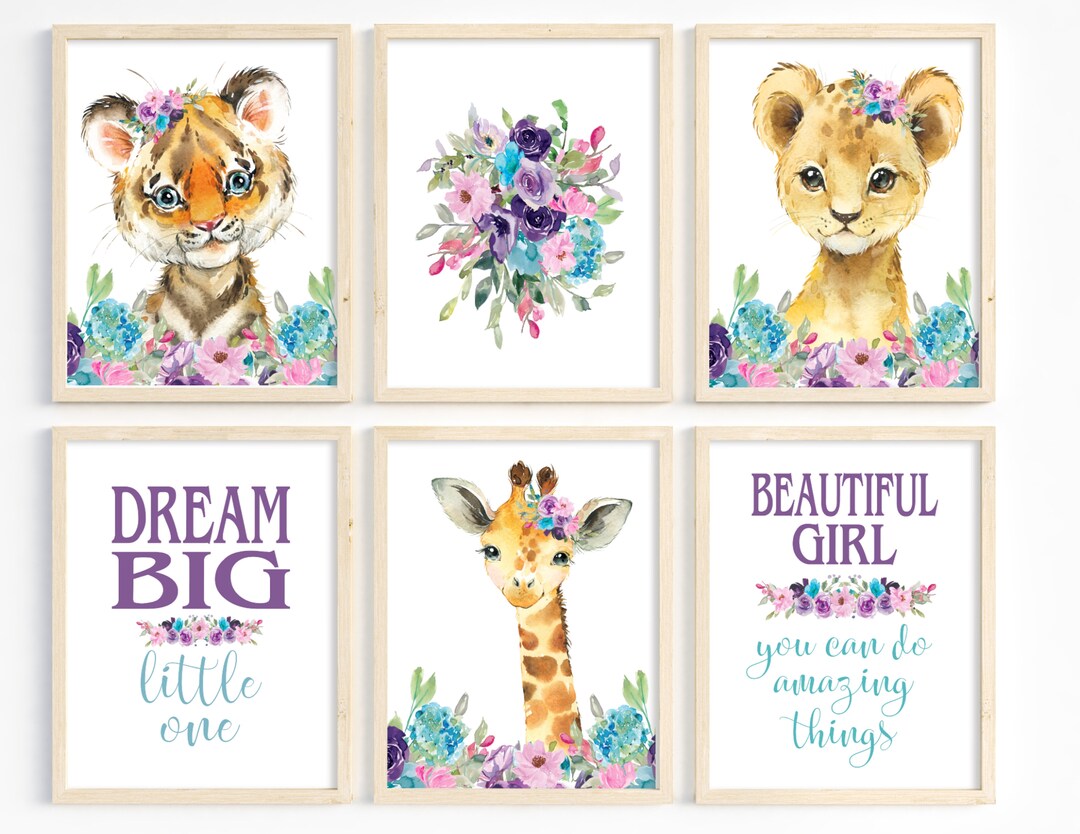 Purple Pink Teal Nursery Art, Floral Safari Animals, Baby Girl Nursery ...