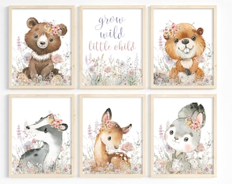 Wildflower Nursery - Grow Wild Little Child - Girl Woodland Animals - Girl Room Decor - Woodland Theme - Baby Forest Animals - Printable