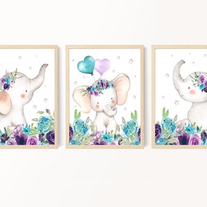 Girl Nursery Decor, BoHo Nursery Decor, Elephant Nursery Decor, Floral Nursery Art, Purple Teal Nursery Decor, Toddler Girl Art, 3 Printable