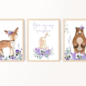 Lavender purple floral nursery art, Printable wall art, Girl room decor, Baby girl animal print, Woodland animal nursery art, Digital prints