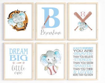 Baseball Nursery Art, Sports Nursery Prints, Boy Nursery Decor, Personalized Wall Art, Toddler Boy Decor, Elephant, Set of 6, Printable Art