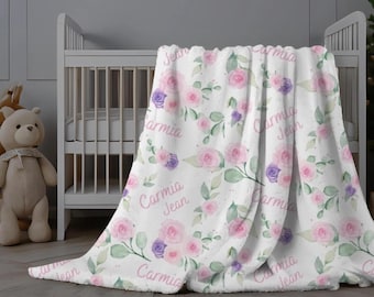 Pink Floral Baby Name Blanket, Personalized Swaddle with Roses, Pink Rose Blanket, Purple Pink Flower Blanket, Custom Newborn Swaddle