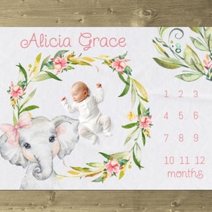 Elephant Milestone Blanket Girl, Elephant Blanket Baby Girl, Personalized Gift, Elephant Baby Blanket, New Mom Gift, Baby Shower Gift