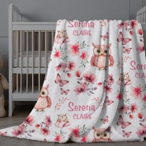 Personalized Owl Baby Girl Name Blanket Pink Floral Infant Swaddle Hospital Blanket New Mom Gift Newborn Baby Shower Gift Toddler Blanket