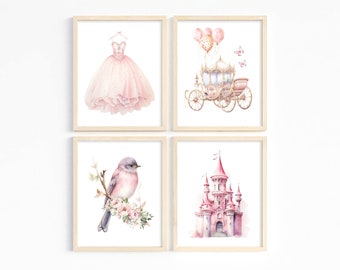 Princess nursery art - Pink girls room decor - Princess castle - Bird print - Fancy carriage - Fairytale princess nursery - Digital download