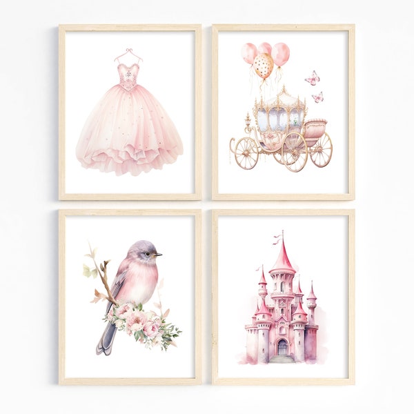 Art de chambre de princesse - Déco rose de chambre de filles - Château de princesse - Impression d'oiseau - Calèche fantaisie - Chambre de princesse de conte de fées - Téléchargement numérique