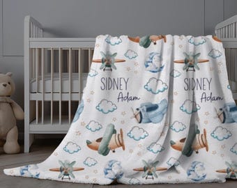 Airplane Baby Blanket Personalized, Custom Airplane Swaddle, Toddle Boy Airplane Gift, Airplane Blanket with Name, Blanket with Airplanes