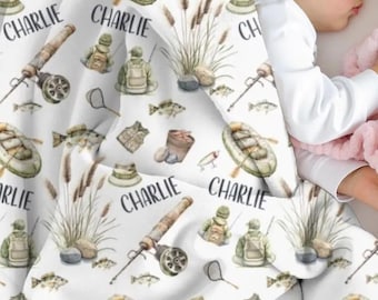 Fishing Swaddle Baby Boy, Personalized Fishing Baby Blanket, Adventure Nursery Decor, Toddler Boy Fishing Blanket, Boy Blanket with Name