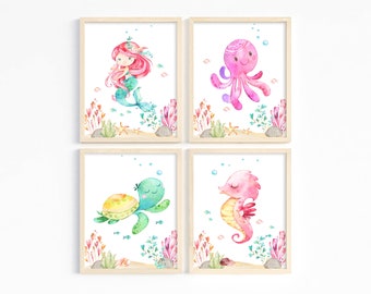 Under the sea nursery decor, Ocean theme, Nursery wall art, Sea animal prints, Girl nautical nursery room decor, Unframed Prints or Canvas