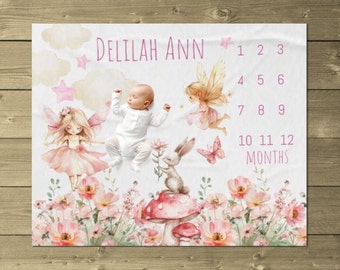 Baby Girl Fairy Blanket, Personalized Milestone Blanket, Floral Fairy Blanket, Pink Flower Blanket, Baby Monthly Tracker, New Baby Gift