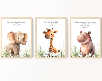 Kids Bible Verse Wall Art, Christian Child Decor, Hippo, Elephant, Giraffe, Scripture Prints for Kids, Boy Bedroom Decor, Mighty Jungle