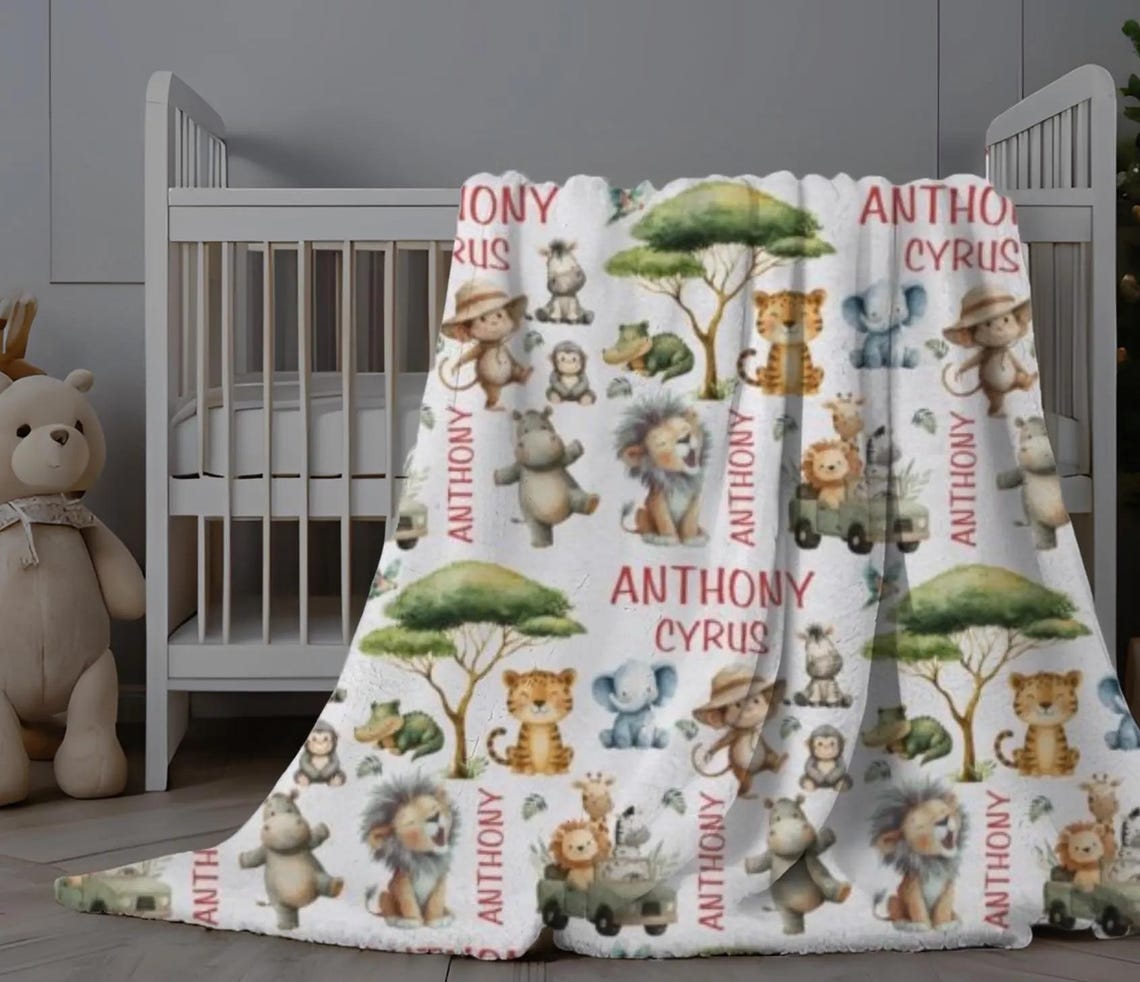 Safari Animal Baby Blanket, Personalized Baby Boy Swaddle, Jungle Theme ...