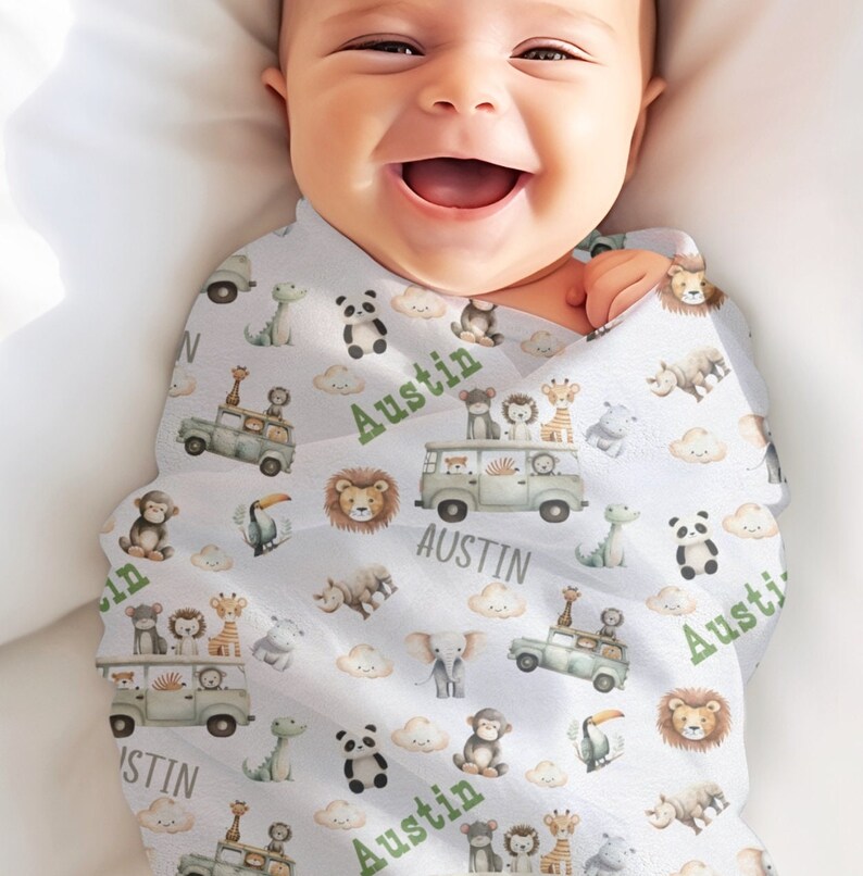 Personalized Baby Blanket Safari Animals, Baby Boy Name Blanket, Safari ...