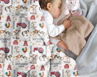 Farm Tractor Blanket Baby Boy Personalized Boy Name Blanket Farm Animal Newborn Swaddle Baby Animals Blanket with Name Hospital Blanket