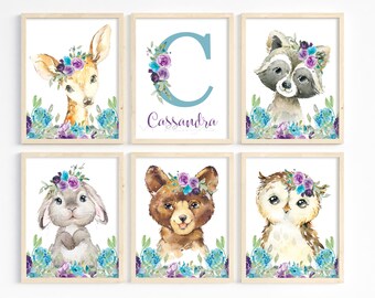 Set of 6, Purple Teal Nursery Decor, Woodland Animals Nursery Art, Personalized Girl Name Print, Floral Animals, Printable, Girl Room Decor