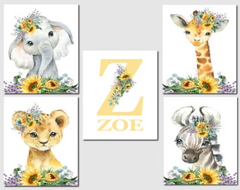 Safari Animals Nursery Decor Yellow, Sunflower Nursery Prints, Personalized Baby Gift, Name and Initial, Set of 5, Unframed Prints or Canvas