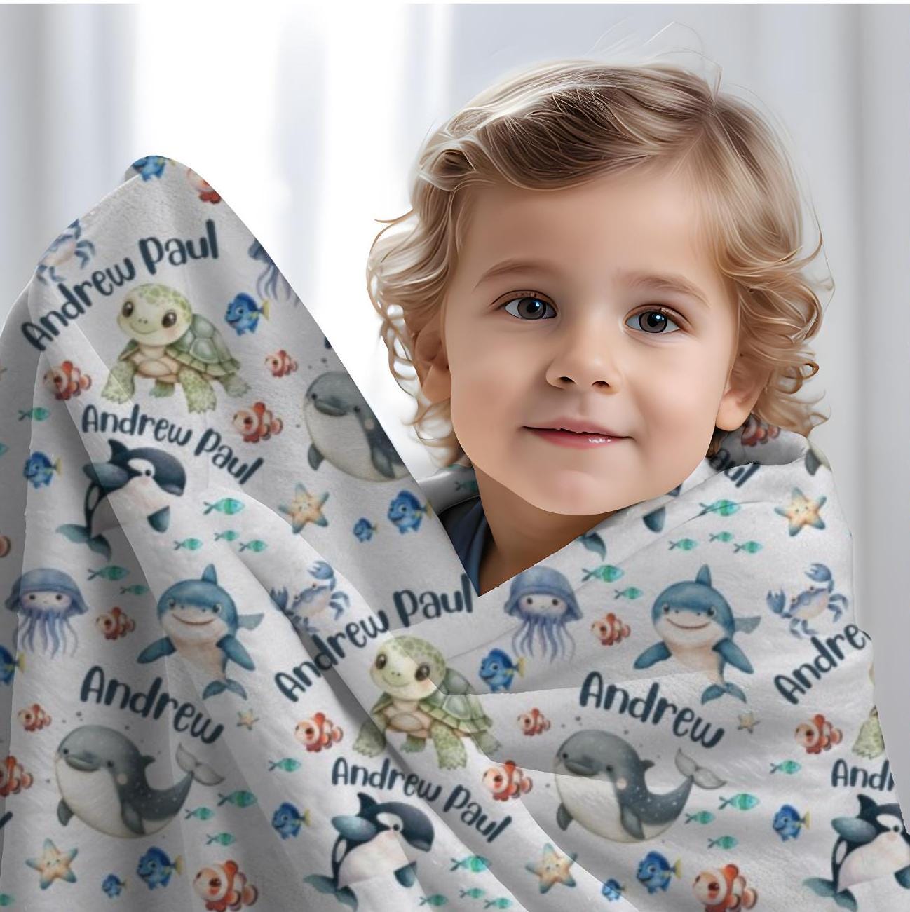 Sea Creatures Baby Blanket, Personalized Baby Boy Blanket Ocean Animals ...