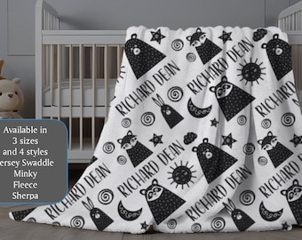 Personalized Boy Blanket Scandi Design, Personalized Baby Name Blanket, Custom Minky Blanket, Black and White Infant Swaddle