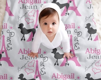 Personalized Paris Blanket, Paris Baby Blanket, Custom Girl Name Blanket, Travel Blanket, Poodle Minky, Eifel Tower Blanket with Name