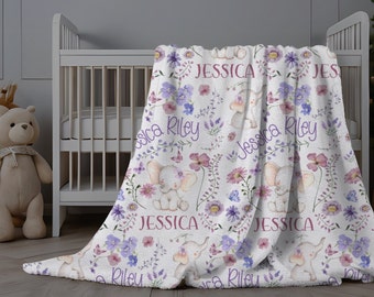 Personalized Baby Blanket Wildflowers, Elephant Blanket Baby Girl, Wild Flowers Minky Blanket, Purple Pink Floral Blanket Girl, Name Blanket