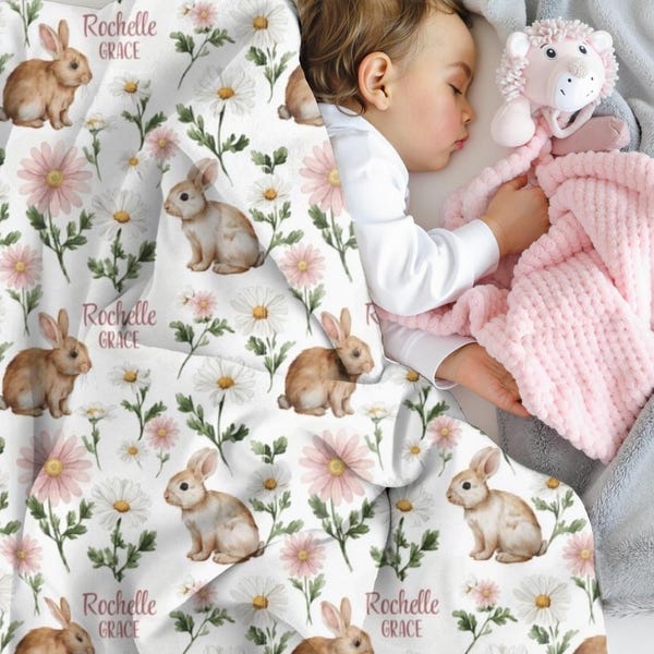 Personalized bunny baby blanket, Custom bunny baby girl name swaddle, Floral rabbit nursery gift, Newborn keepsake baby shower gift