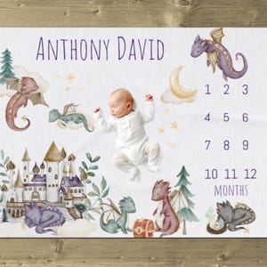 Dragon Milestone Blanket Personalized, Baby Boy Month Blanket, Fairy Tale Nursery, Age Tracker Photo Prop, New Mom Baby Shower Gift