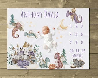 Dragon Milestone Blanket Personalized, Baby Boy Month Blanket, Fairy Tale Nursery, Age Tracker Photo Prop, New Mom Baby Shower Gift