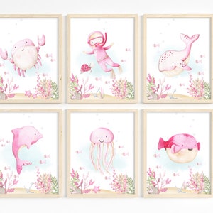 Set of 6, Under the Sea Wall Decor, Nursery Ocean Print, Nautical Nursery Art, Girl Nursery Decor, Nautical Wall Art, Scuba Diver, Printable
