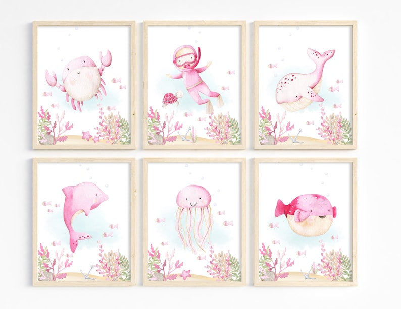 Set of 6 Under the Sea Wall Decor Nursery Ocean Print Etsy