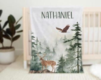 Woodland Blanket, Personalized Deer Blanket, Outdoor Theme Nursery Decor, Nature Theme Blanket, Forest Animals Baby Boy, Toddler Blanket