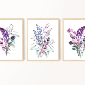 Wildflower Bouquet Prints, Purple Blue Flower Prints, Watercolor Flowers, Bedroom Wall Art, Living Room Wall Art, Farmhouse Decor, Printable