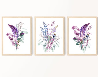 Wildflower Bouquet Prints, Purple Blue Flower Prints, Watercolor Flowers, Bedroom Wall Art, Living Room Wall Art, Farmhouse Decor, Printable