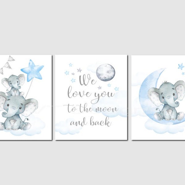 Boy Nursery Decor,Blue Gray Nursery Decor,Elephant Nursery Art, Love you to the moon, Elephant Baby Room Art, Digital Files,Instant Download