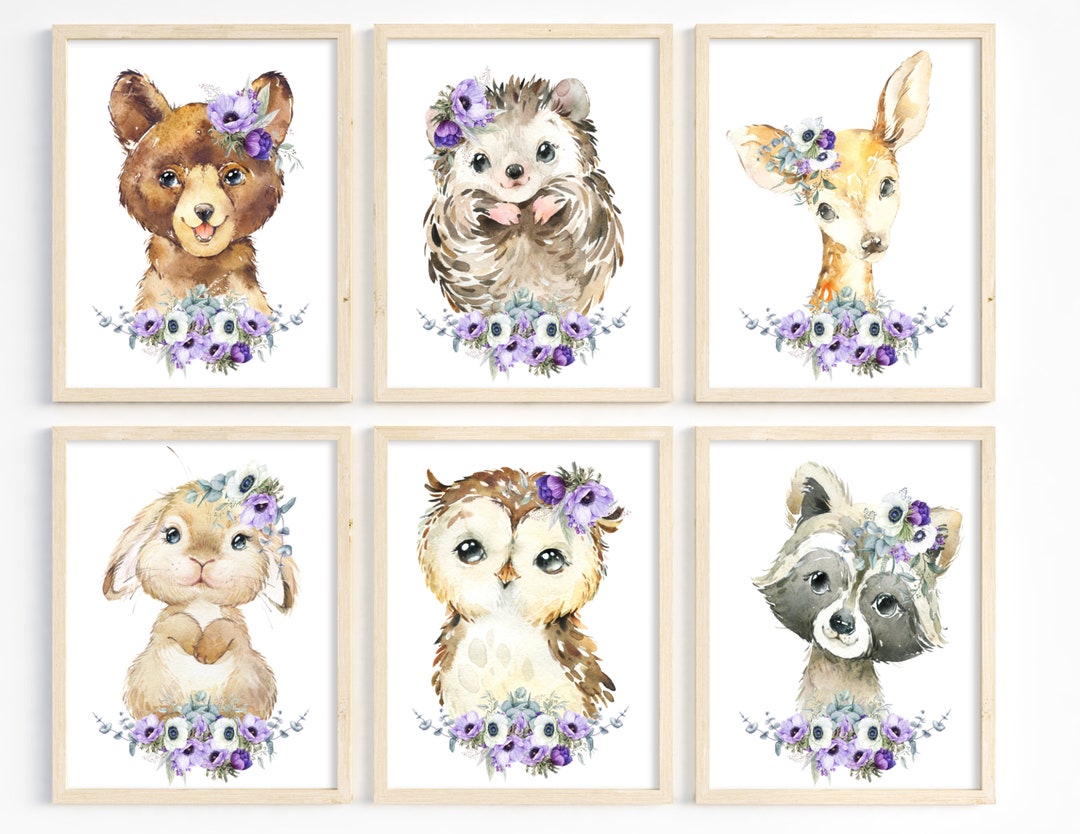 Set of 6, Woodland Animal Prints, Baby Girl Nursery Wall Art, Nursery ...
