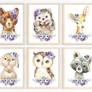 Set of 6, Woodland Animal Prints, Baby Girl Nursery Wall Art, Nursery Animal Prints, Purple Floral Prints, Girl Bedroom Decor, printable