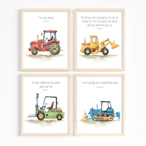 Arte de pared con versículos bíblicos para niños, impresiones de construcción para guardería, juego de impresiones de camiones, impresiones de las Escrituras para niños, decoración de la habitación del niño, escuela dominical, imprimible