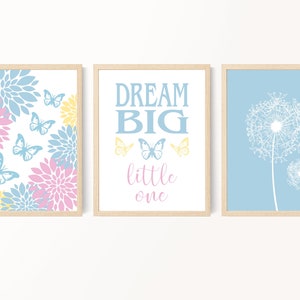 Butterfly wall art - Blue and pink nursery art - Butterfly print set - Flowers and butterflies prints - Set of 3 - Printable