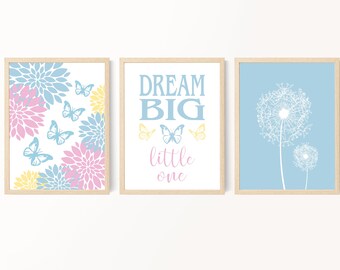 Butterfly wall art - Blue and pink nursery art - Butterfly print set - Flowers and butterflies prints - Set of 3 - Printable