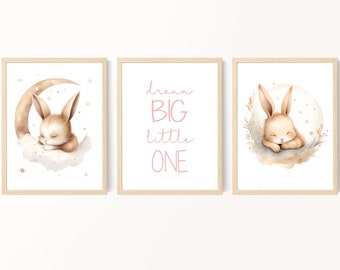 Baby bunny print set, Dream big little one, Blush pink girl room, BOHO girl bedroom art, Cute bunny nursery art, Digital, Baby shower gift