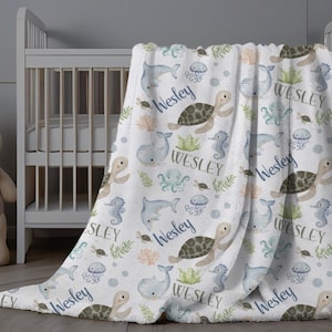 Sea Creatures Baby Name Blanket, Personalized Baby Boy Blanket, Ocean Baby Name Swaddle, Custom Nautical Minky, New Baby Gift, Sea Turtle