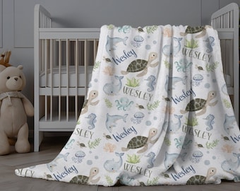 Sea Creatures Baby Name Blanket, Personalized Baby Boy Blanket, Ocean Baby Name Swaddle, Custom Nautical Minky, New Baby Gift, Sea Turtle