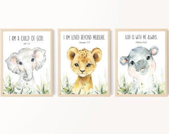 Kids Bible verse wall art, Safari animals nursery prints, Hippo, Lion, Elephant, Scripture prints, Boy room decor, Unframed Prints or Canvas