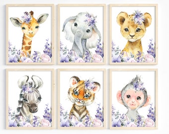 Rosa lila Blumen- und Tierdrucke – Safari-Tierdrucke – Mädchen-Schlafzimmer-Dekor – Aquarell-Kinderzimmerkunst – Baby-Tierbilder – zum Ausdrucken