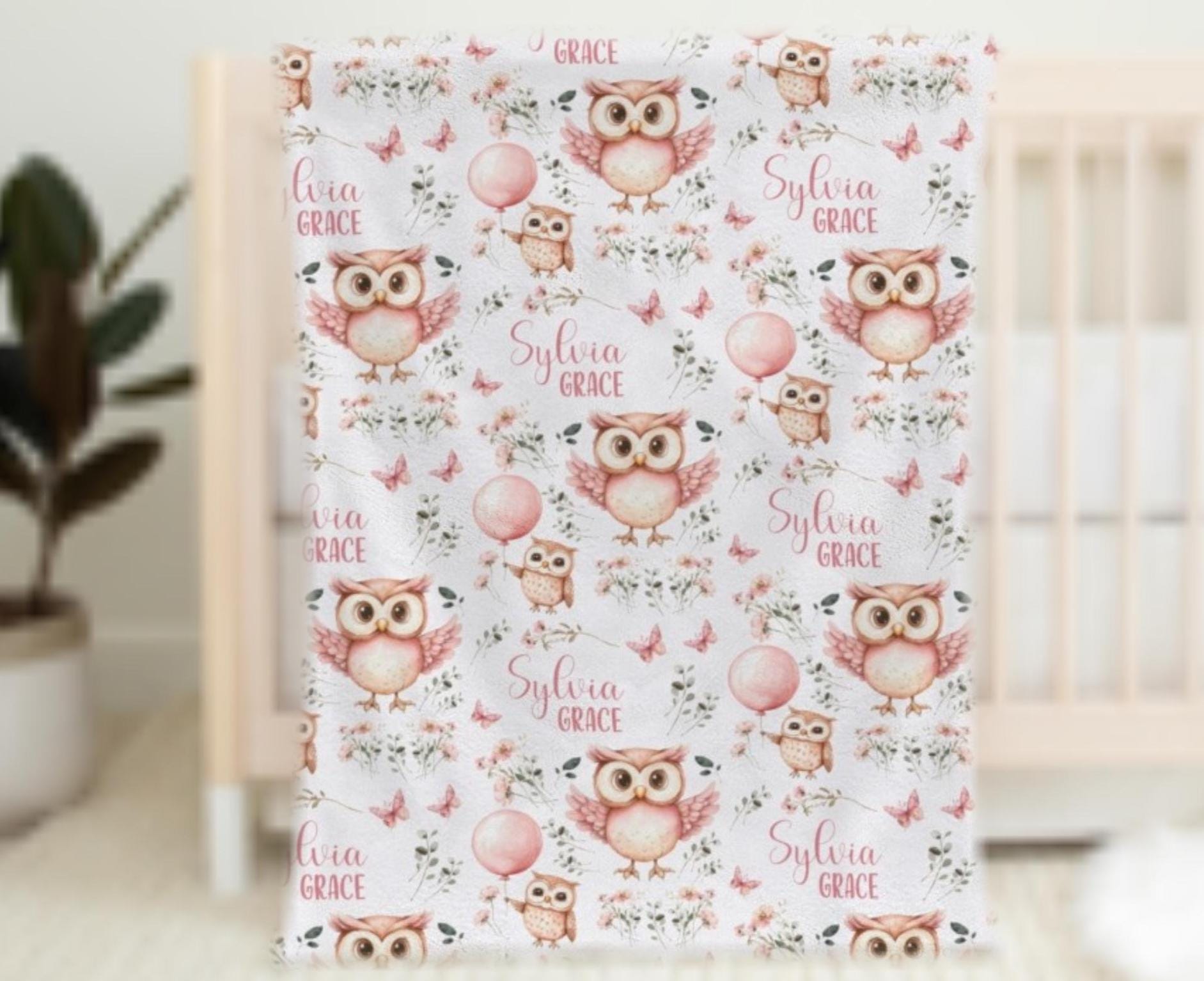 Personalized Owl Baby Girl Name Blanket Wildflower Infant Swaddle Hospital Blanket New Mom Gift Newb