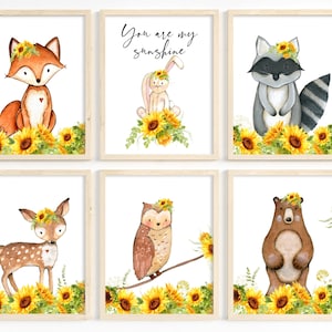 Sunflower nursery art, Woodland nursery room decor girl, Woodland animals wall art prints, Sunflowers, Baby girl nursery decor, Printable